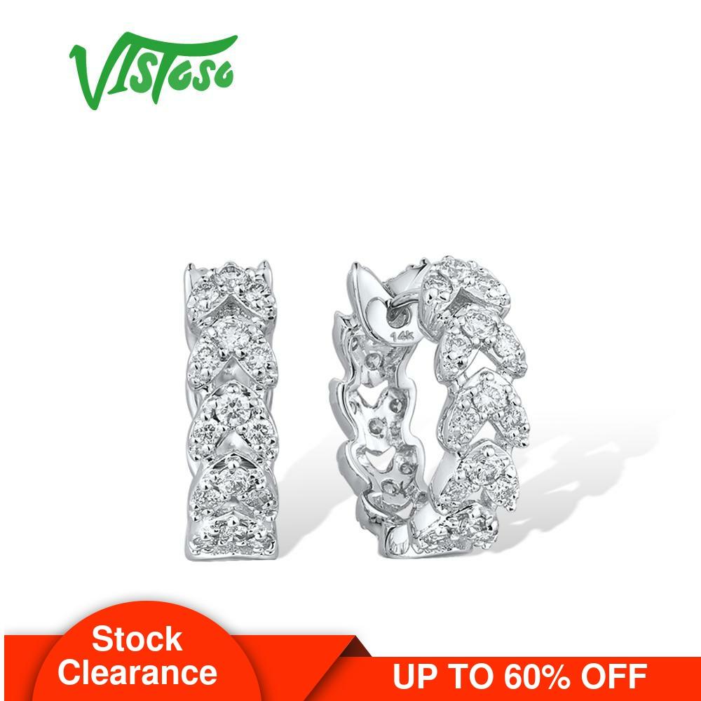 VISTOSO-14K 순수한 585 화이트 골드 귀걸이, 여성을 위한 매력적인 스파클링 다이아몬드 후프 귀걸이 웨딩 약혼 선물 고급 주얼리